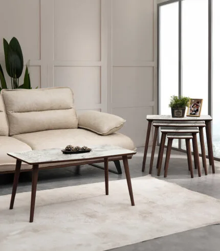 vovvahome Vega 4lü Zigon ve Orta Sehpa Takımı - Beyaz Mermer Desenli
